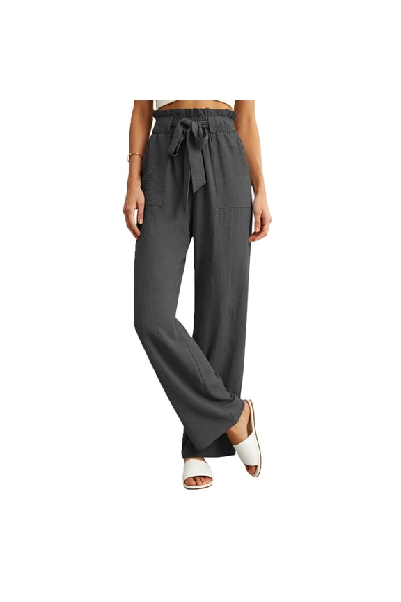 Women's Paperbag Waist Wide Leg Pants Crinkle Textured Dressy Work office Trousers with Tie Belt & Pockets for Casual Summer Gray