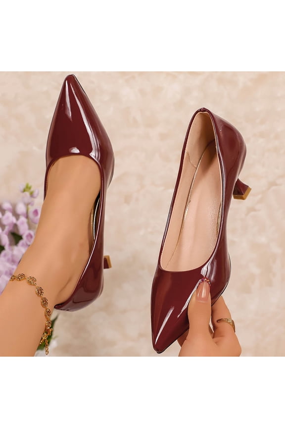 Women's Patent Leather Kitten Heel Dress Pumps Closed Pointed Toe Slip On Mid Heels Business office Daily Low Top Casual Pumps Wine 6.5(38)