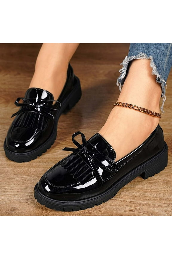 Women's Patent Leather Loafers Flat Low Heel Slip On Pumps Round Toe Fashion Dress Uniform Work Shoes Black 8(40)