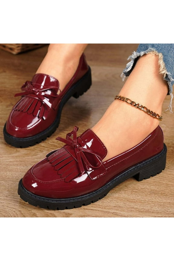Women's Patent Leather Loafers Flat Low Heel Slip On Pumps Round Toe Fashion Dress Uniform Work Shoes Red 9(42)