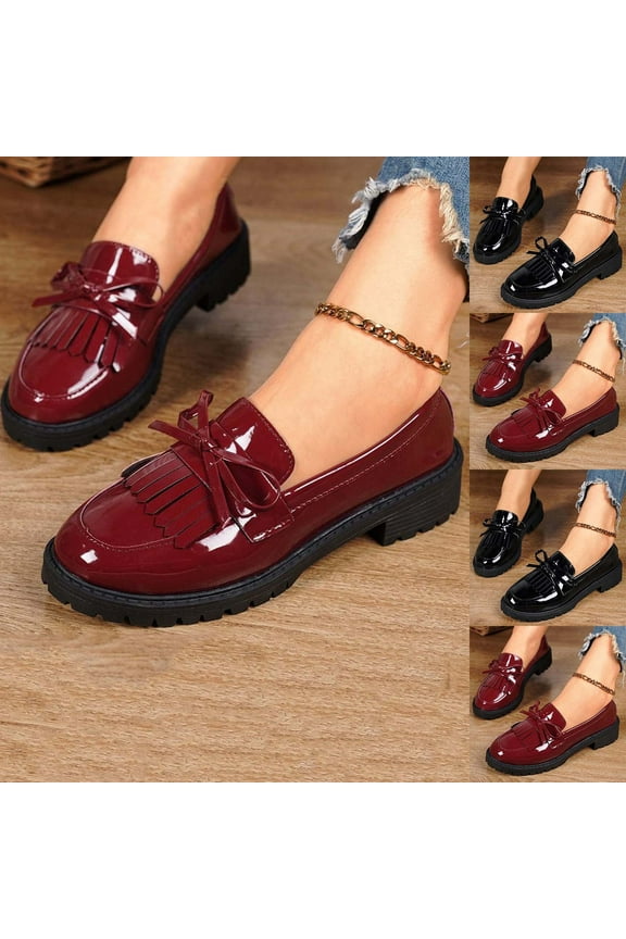 Women's Patent Leather Loafers Flat Low Heel Slip On Pumps Round Toe Fashion Dress Uniform Work Shoes Red 9.5(43)