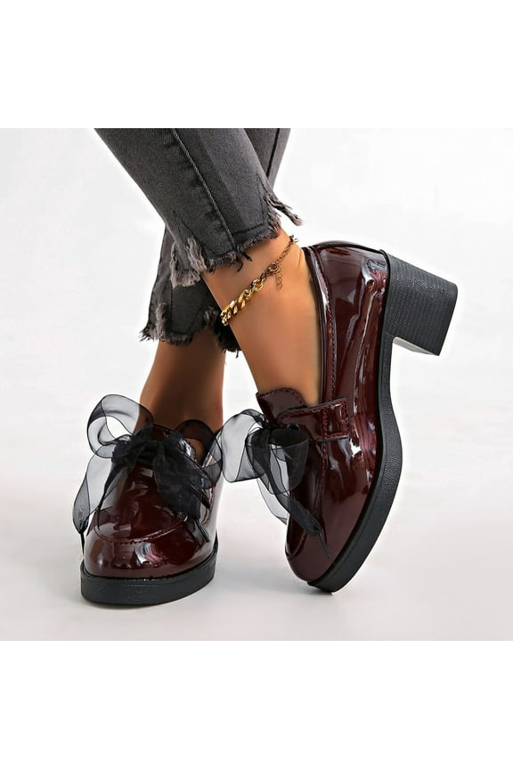 Women's Patent Leather Slip-On Penny Loafers Flats Bow Slip-On Stylish Loafers Dress Shoes Wine 8.5(41)