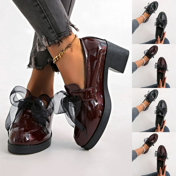 Miluxas Women's Patent Leather Slip-On Penny Loafers Flats Bow Slip-On Stylish Loafers Dress Shoes Wine 9(42)