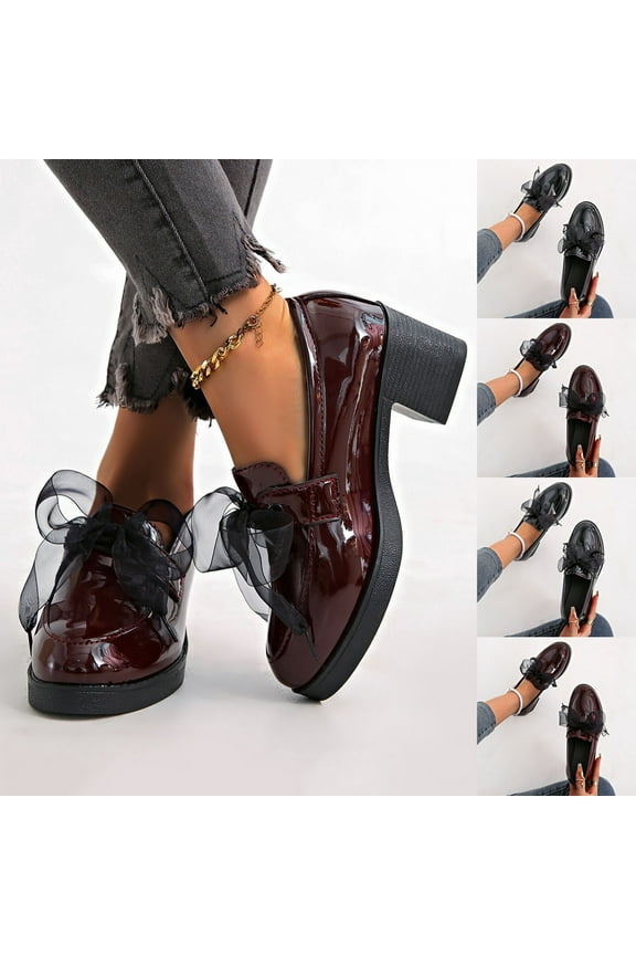 Women's Patent Leather Slip-On Penny Loafers Flats Bow Slip-On Stylish Loafers Dress Shoes Wine 9(42)