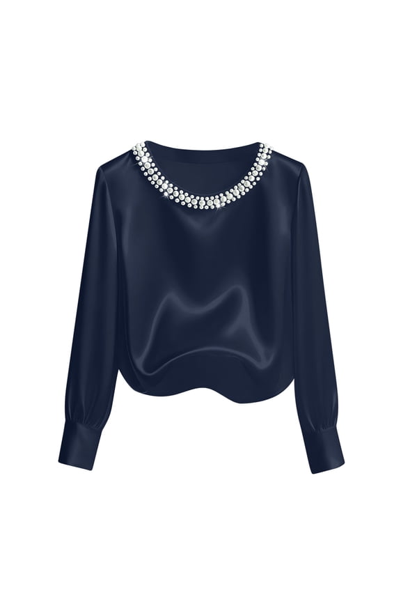 Women's Pearl Decor Silk Satin Tops Long Sleeve Crewneck Blouses Dressy Casual Business Work Shirts Navy M