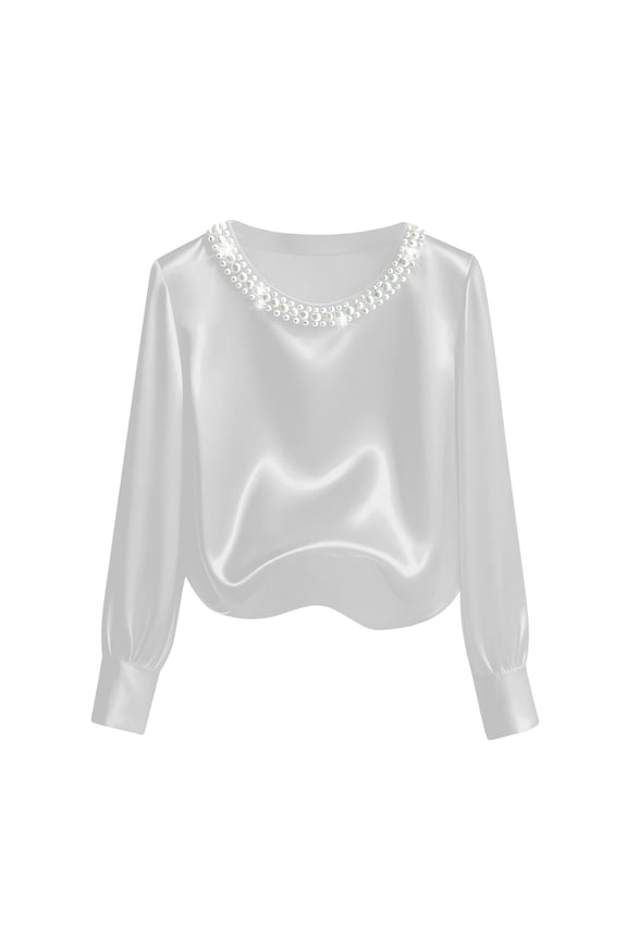 Women's Pearl Decor Silk Satin Tops Long Sleeve Crewneck Blouses Dressy Casual Business Work Shirts White M