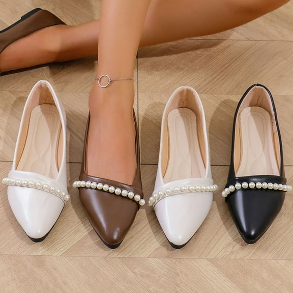 Miluxas Women's Pearl Decoration Flats Fashion Pointed Toe Bow Slip-on Flat Shoes Low top Comfortable Dress Shoes White 9.5(43)