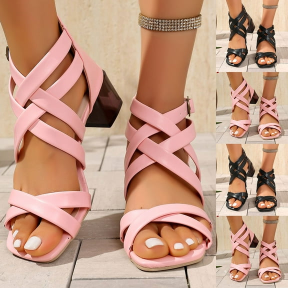 Miluxas Women's Peep Toe Ankle Strap Low Block Chunky Heels Sandals Party Dress Wedding Evening Pumps Shoes Pink 9.5(43)