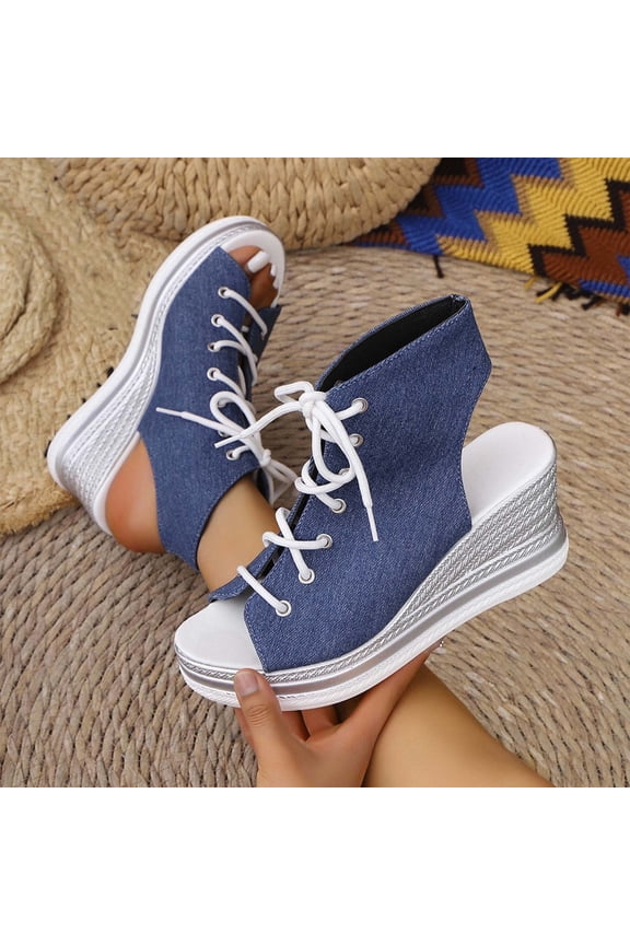 Women's Peep Toe Canvas Wedge Heeled Platform Fashion Sneaker Light Blue 6(37)