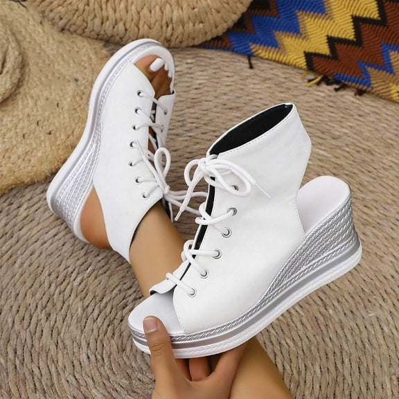 Miluxas Women's Peep Toe Canvas Wedge Heeled Platform Fashion Sneaker White 8.5(41)