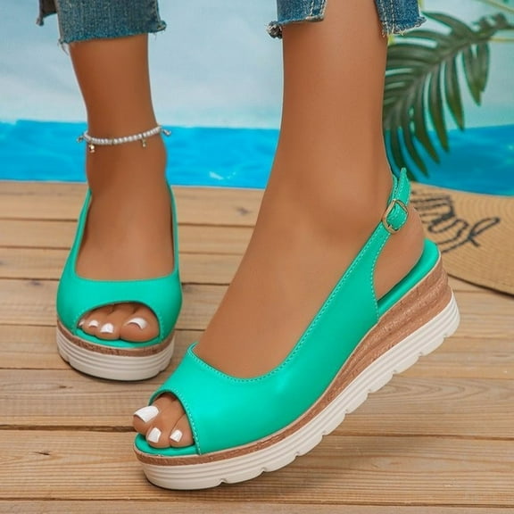 Miluxas Women's Peep Toe Slingback Buckle Leather Wedge Low Heel Pumps Shoes Mint Green 9.5(43)