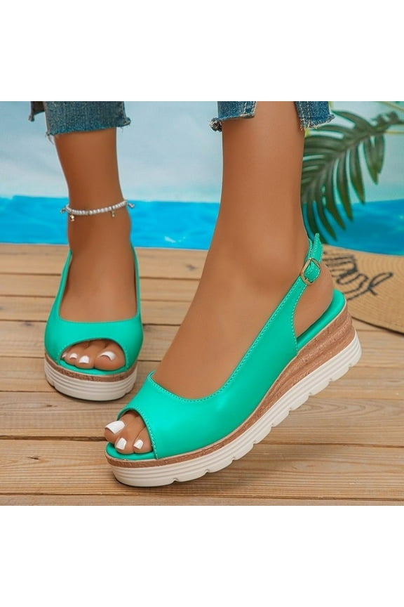 Women's Peep Toe Slingback Buckle Leather Wedge Low Heel Pumps Shoes Mint Green 9.5(43)