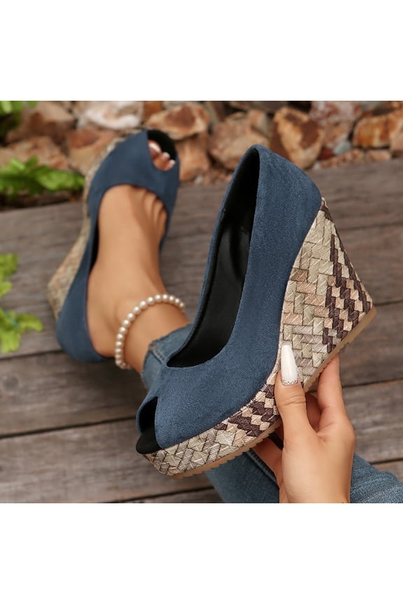 Women's Peep Toe Wedge Heel Pumps, Suede Platform Wedges with Woven Heel, Elegant Peep-Toe Shoes for Work, Party, Wedding, formal & Casual Wear Blue 35
