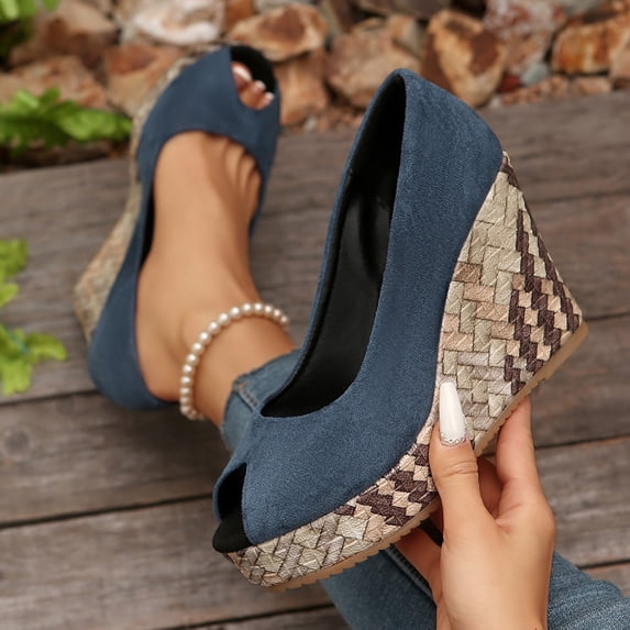 Miluxas Women's Peep Toe Wedge Heel Pumps, Suede Platform Wedges with Woven Heel, Elegant Peep-Toe Shoes for Work, Party, Wedding, formal & Casual Wear Blue 6.5(38)