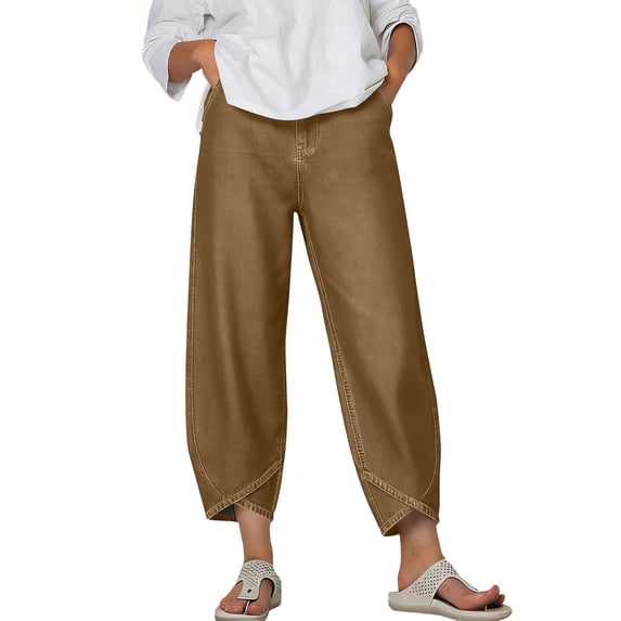 Miluxas Women's Petal-Cropped Hem Pants Imitation Deninm Style Casual Solid Wide Leg Trousers with Pockets Brown