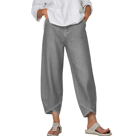 Miluxas Women's Petal-Cropped Hem Pants Imitation Deninm Style Casual Solid Wide Leg Trousers with Pockets Gray