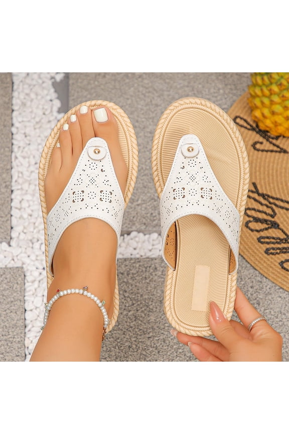 Women's Pinch Toe Flat Sandals Flip Flops Non-Slip Summer Solid Color Round Toe Breathable Beach Shoes White 5.5(36)