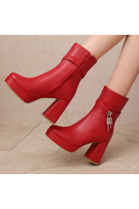 Women's Platform Ankle Boots High Chunky Heels Square Toe Comfort Party Dress Booties Shoes for Women Red 5.5(36)