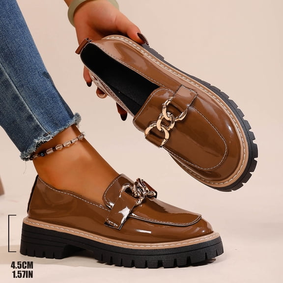 Miluxas Women's Platform Leather Chunky Heel Loafers Lug Sole Slip On Chain Uniform Dress Shoes Casual Business office Work Shoes Brown 6(37)