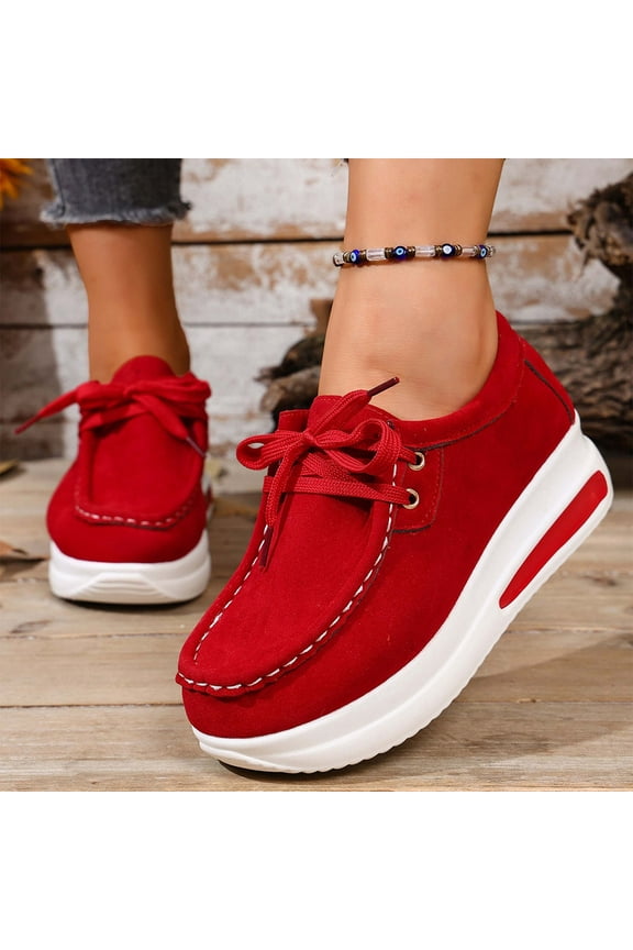 Women’s Platform Loafers – Rocker Sole Boat Shoes, Comfortable Slip-Ons for Walking, Work, Nurses Red 7.5(40)