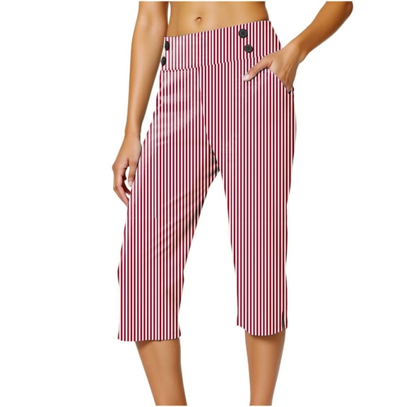 Miluxas Women's Plus Size Capri Pants Striped Print High Waist Stretchy Comfy Casual Capris Loose Wide Leg Crop Sweatpant Red XL(XL)