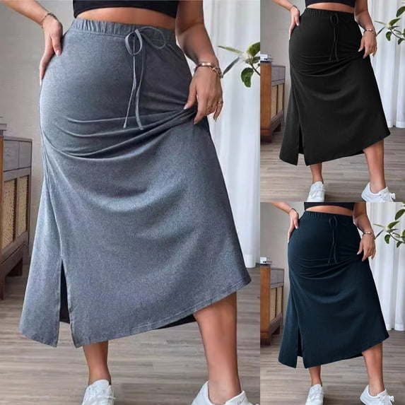 Miluxas Women's Plus Size Drawstring Waist Maxi Skirt with Pockets Solid High Waist A Line Side Slit Skirts for office & Casual Wear Navy
