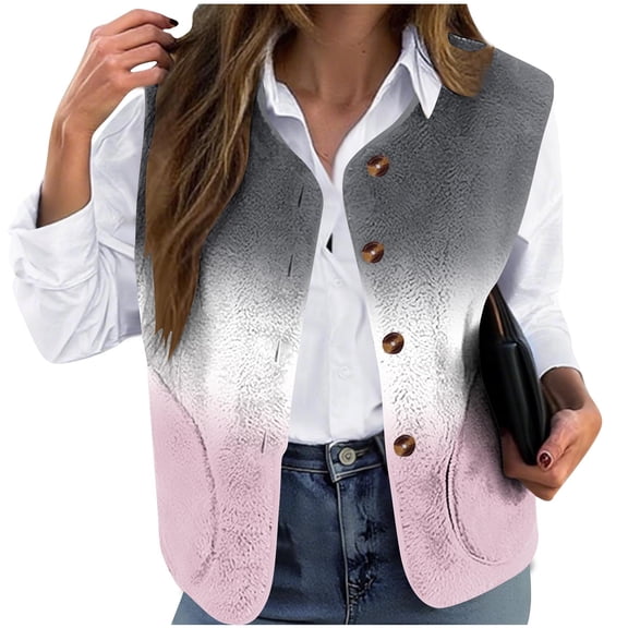 Miluxas Women's Plus Size Flannel Gradient Print Vest Loose Sleeveless Winter Coats Button up Fleece Outerwear Pink XXXXXL(XXXXXL)