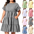 thumbnail image 1 of Miluxas Women's Plus Size Gingham Plaid Midi Dress Ruffle Short Sleeve Tiered Casual Swing Dress with Pockets Lightweight Summer Trendy Outfits Yellow, 1 of 9