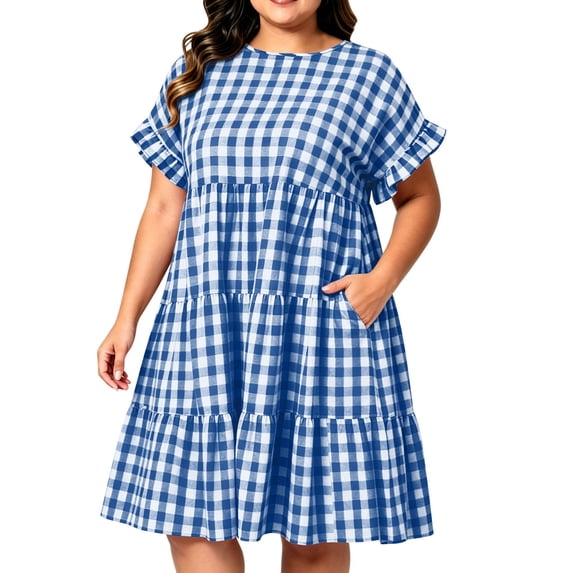 Miluxas Women's Plus Size Gingham Plaid Midi Dress Ruffle Short Sleeve Tiered Casual Swing Dress with Pockets Lightweight Summer Trendy Outfits Blue