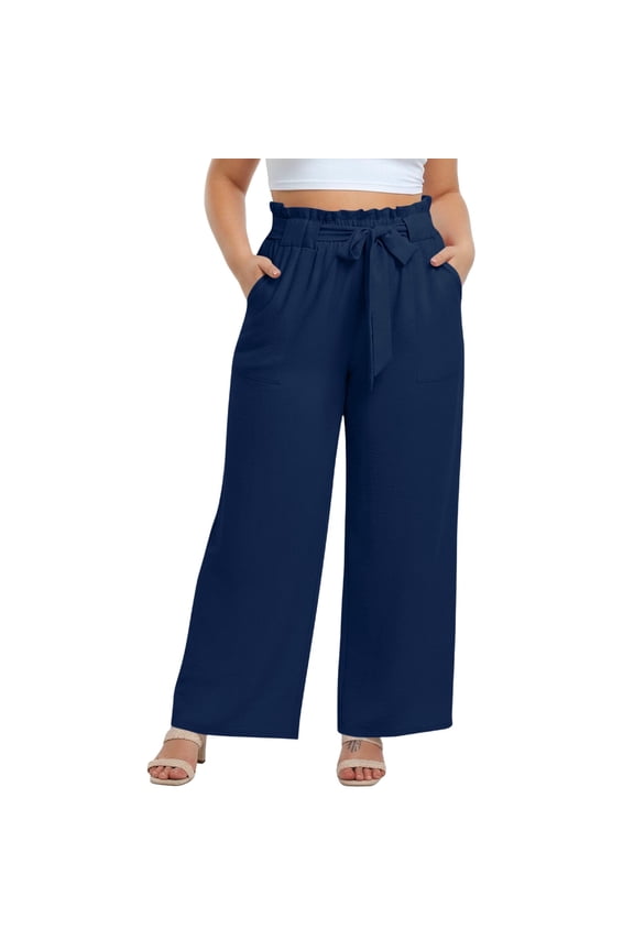 Women's Plus Size High Waist Wide Leg Pants Paper Bag Waist Comfy Work Casual Pants with Pockets for Summer Lounge Vacation Navy