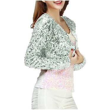 Miluxas Women's Plus Size Sequin Shrug Clearance Embellished Long Sleeve Bolero Blazer Shrug White Free Size