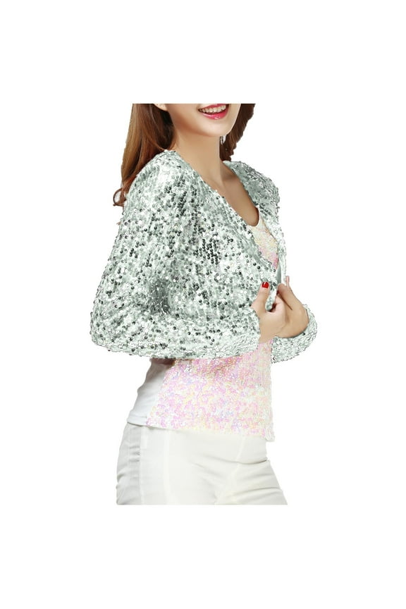 Women's Plus Size Sequin Shrug Embellished Long Sleeve Bolero Blazer Shrug White Free Size