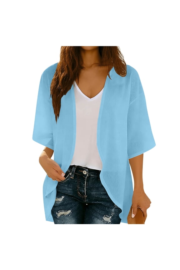 Women's Plus Size Short Sleeve Shawls and Wraps Lightweight Open Front Cardigan Cover Ups Shrugs Kimonos Jacket Coat Light Blue S(S)