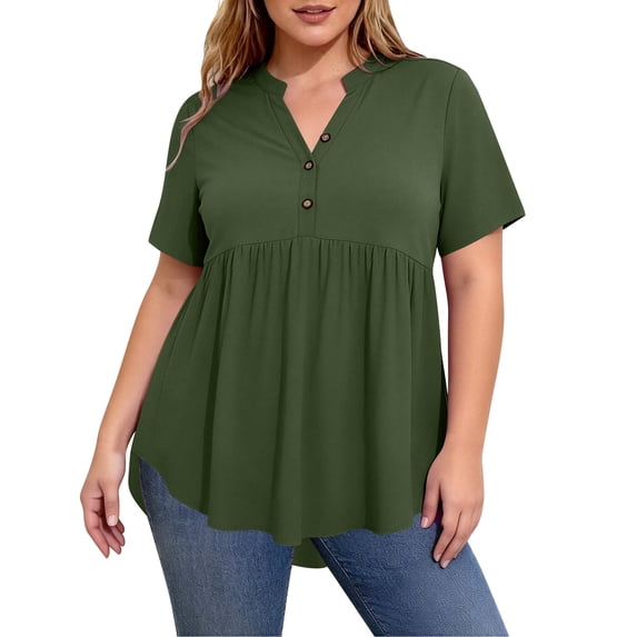 Miluxas Women's Plus Size Short Sleeve Tops V Neck Button Up Flowy T Shirts Tunic Loose Blouses Solid Basic Shirts Army Green