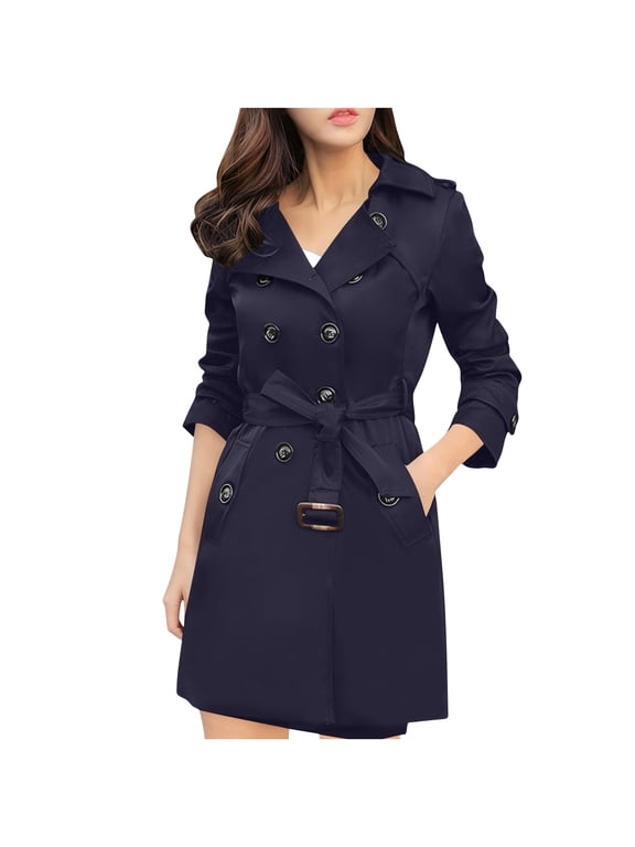 Women's Plus Size Trench Coat Double-Breasted Waterproof Lapel Overcoat Stylish Pea Coat Navy XXL(XXL)