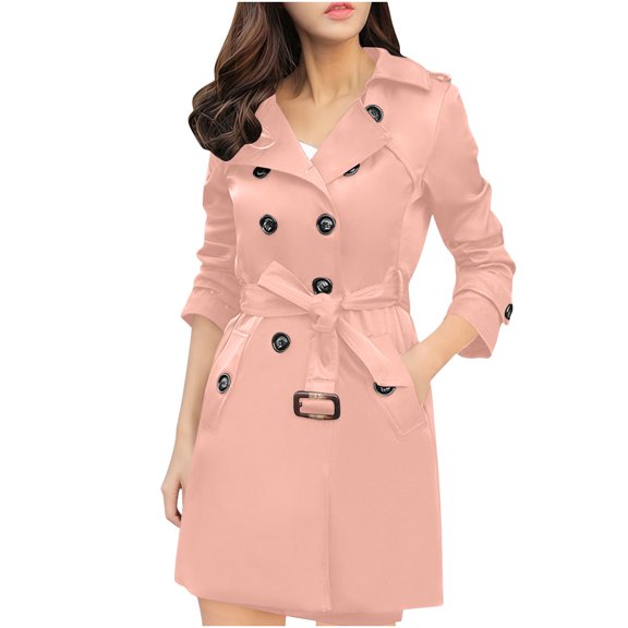 Miluxas Women's Plus Size Trench Coat Double-Breasted Waterproof Lapel Overcoat Stylish Pea Coat Pink L(L)