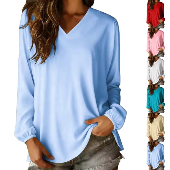 Miluxas Women's Plus Size V Neck Long Sleeve T Shirts Solid Color Casual Loose Tunic Shirts Lightweight Summer Basic Tees for Daily Vacation Yellow
