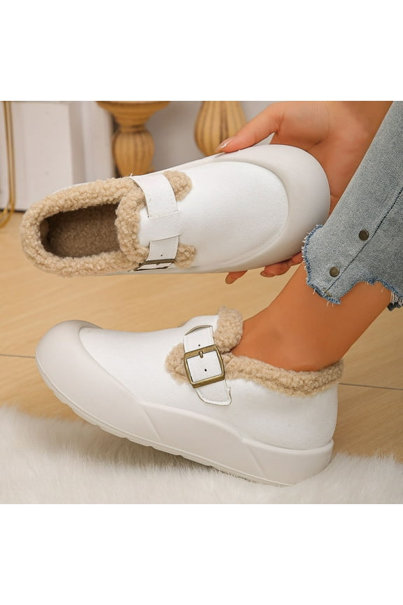 Women's Plush Round Toe Slip-On Flats, Women's Plush Lined Orthopedic Slip-On Shoes, Retro Buckle Strap Round Toe Flat Loafers White 6(37)
