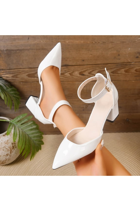 Women's Point Toe Ankle Strap Block Heels, Sleek Cutout Mid Heel Sandals, Elegant formal Shoes for Wedding, Prom White 6(37)
