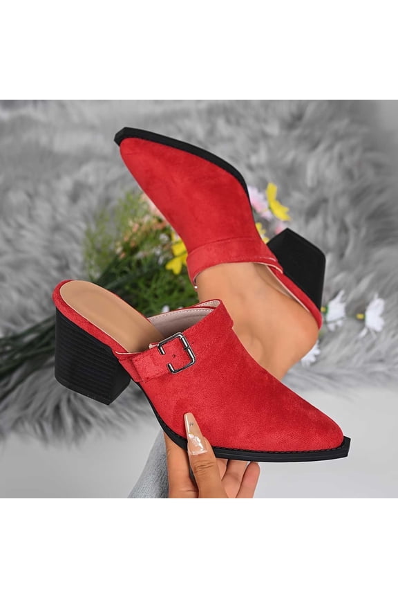 Women’s Pointed Toe Block Heel Mules, Metal Buckle Slip On Backless Clogs, Mid Heel Dress Sandals for office Party Red 9(41)