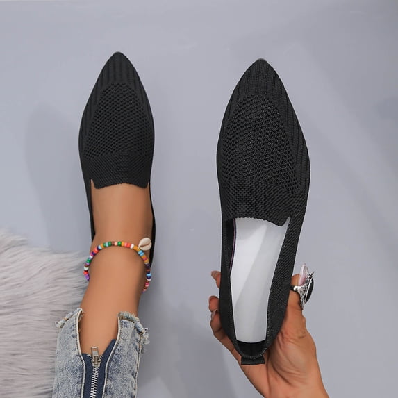 Miluxas Women's Pointed Toe Flats Breathable Knit Ballet Flats Comfortable Dressy Slip On Shoes for Work office Lightweight Washable Walking Black 5.5(36)
