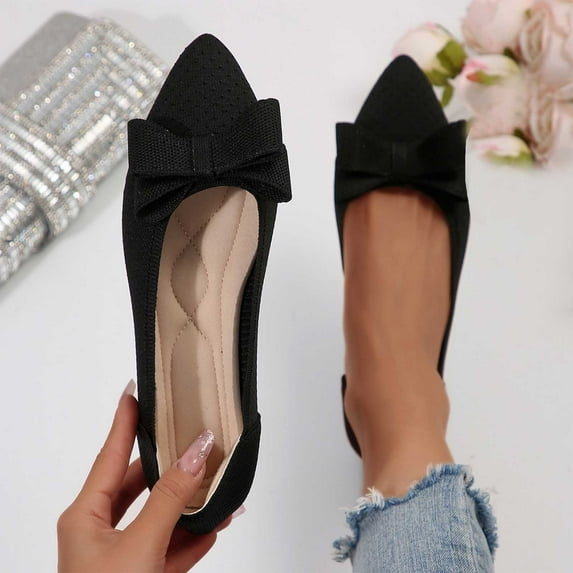 Miluxas Women's Pointed Toe Knit Bow Ballet Flat Comfortable Breathable Slip On Work office Dress Shoes Lightweight Non-Slip Mam Nurse Walking Shoes Black 7(39)