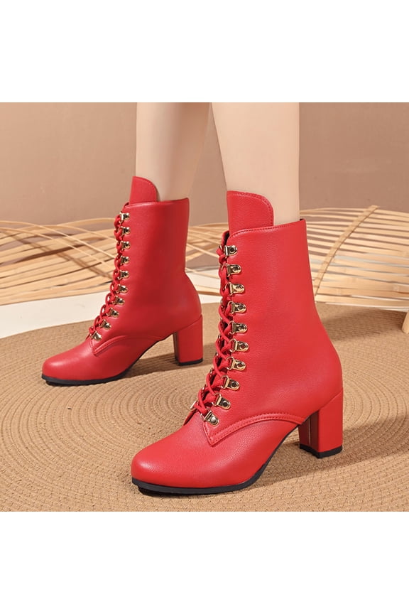 Women's Pointed Toe Lace Up Ankle Boots Block High Heels Chelsea Booties Western Dressy Short Boot Red 6(37)