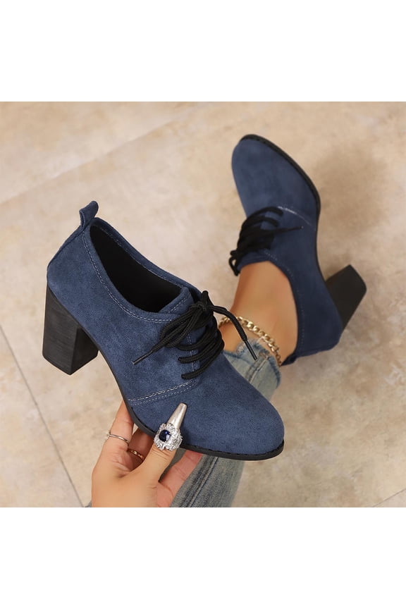 Women's Pointed Toe Lace Up Pump Suede Vintage Chunky Block Mid Heel office Dress Shoes Navy 6(37)
