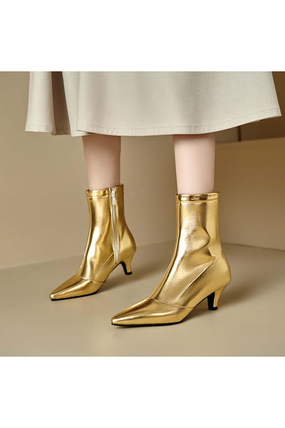 Women's Pointed Toe Stiletto Low Heel Ankle Boots Comfortable Soft Fall Winter Kitten Heel Dress Booties Shoes for Party Wedding Work Gold 5.5(36)