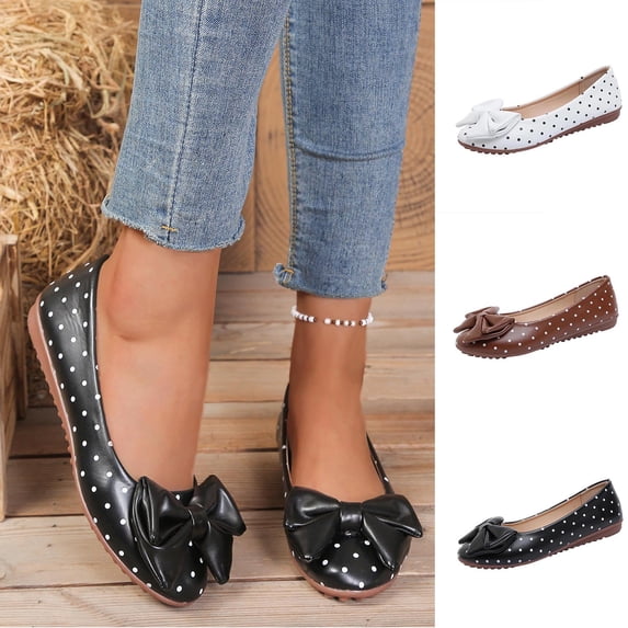 Miluxas Women's Polka Dot Bow Ballet Flats, Retro Round Toe Slip-On Shoes with Bow Detail, Comfortable Casual Flats for office, Brunch & Everyday Outfits White 9(42)