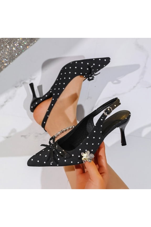 Women’s Polka Dot Bow Slingback Heels, Pointed Toe Adjustable Strap Stiletto Pumps, Elegant Dress High Heels for Wedding Party office Black 5(36)
