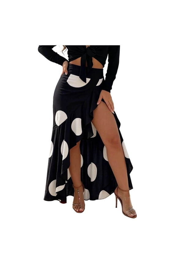 Women's Polka Dot High Waist Maxi Skirt Ruffle Split Wrap Long Skirt Flowy Swing High Slit Skirt for Party Vacation Casual Daily Outfits Black
