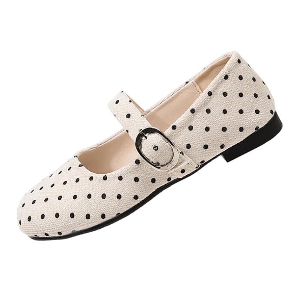 Miluxas Women’s Polka Dot Mary Jane Flats, Adjustable Metal Buckle Strap Round Toe Canvas Slip On Shoes, Lightweight Casual Walking Flats Beige 5.5(36)