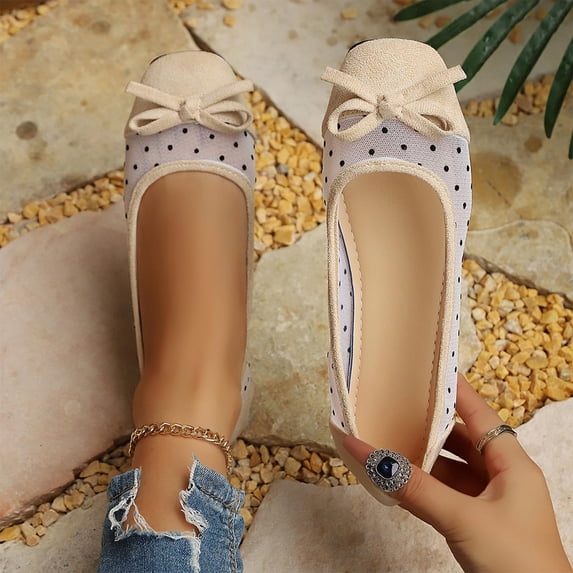 Miluxas Women’s Polka Dot Mesh Bow Ballet Flats, Square Toe Patchwork Slip On Flat Shoes, Breathable Lightweight Casual Walking Loafers Beige 6(38)